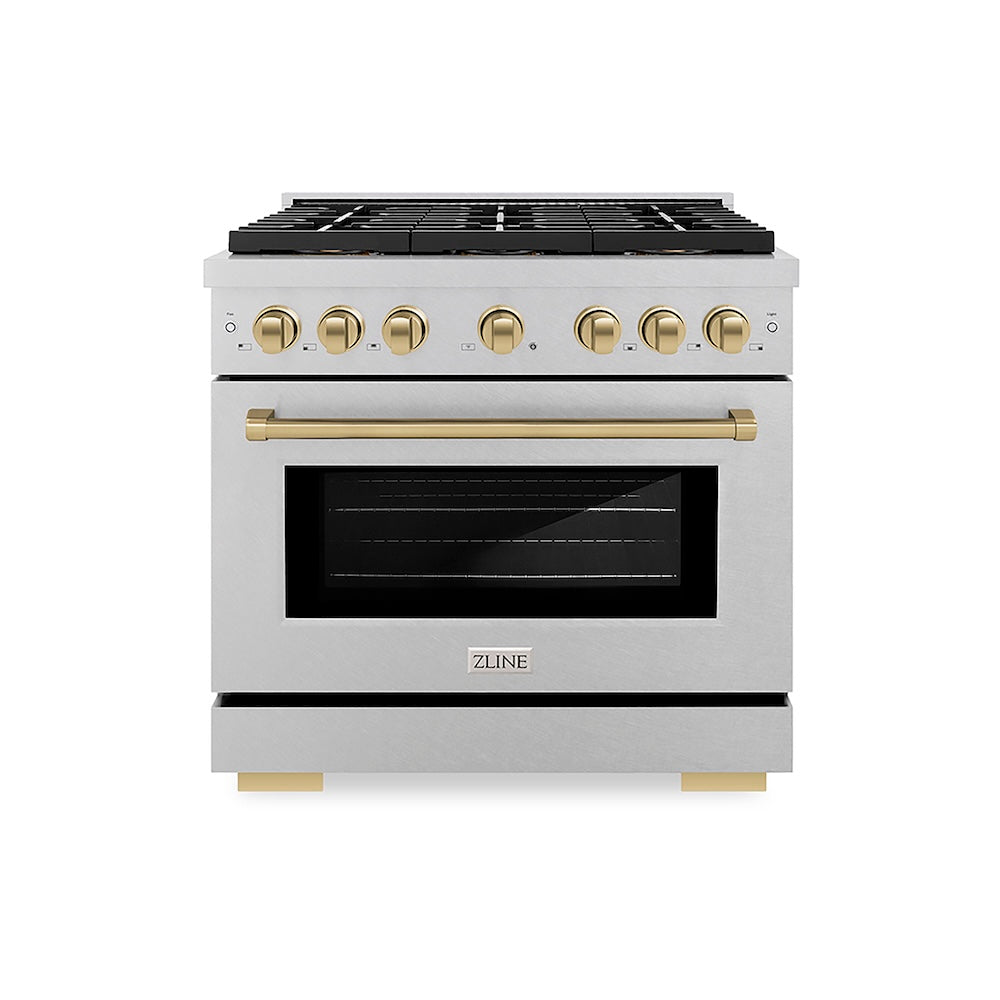 ZLINE Autograph Edition 36 in. 5.2 cu. ft. Paramount Gas Range with 6 Burner DuoPro™ Cooktop and Convection Gas Oven in Satin Stainless Steel and Champagne Bronze Accents (PSGRSZ-36-CB) front.