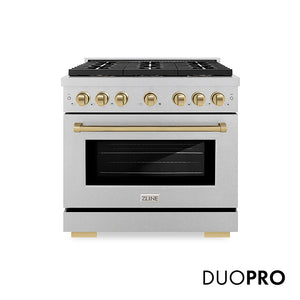ZLINE Autograph Edition 36 in. 5.2 cu. ft. Paramount Gas Range with 6 Burner DuoPro™ Cooktop and Convection Gas Oven in Satin Stainless Steel and Champagne Bronze Accents, Open Box-Great Condition main image.
