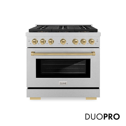ZLINE Autograph Edition 36 in. 5.2 cu. ft. Paramount Gas Range with 6 Burner DuoPro™ Cooktop and Convection Gas Oven in Satin Stainless Steel and Champagne Bronze Accents, Open Box-Great Condition
