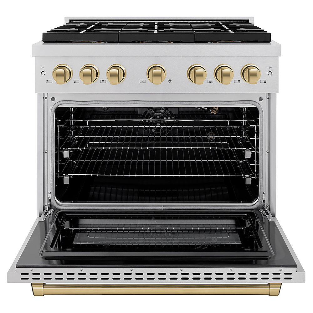 ZLINE Autograph Edition 36 in. 5.2 cu. ft. Paramount Gas Range with 6 Burner DuoPro™ Cooktop and Convection Gas Oven in Satin Stainless Steel and Champagne Bronze Accents, Open Box-Good Condition