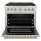 ZLINE Autograph Edition 36 in. 5.2 cu. ft. Paramount Gas Range with 6 Burner DuoPro™ Cooktop and Convection Gas Oven in Satin Stainless Steel and Champagne Bronze Accents (PSGRSZ-36-CB) front, oven open.
