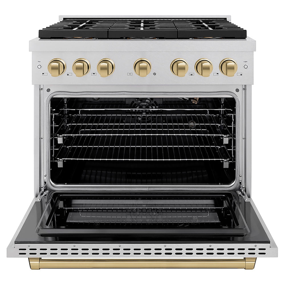 ZLINE Autograph Edition 36 in. 5.2 cu. ft. Paramount Gas Range with 6 Burner DuoPro™ Cooktop and Convection Gas Oven in Satin Stainless Steel and Champagne Bronze Accents (PSGRSZ-36-CB) front, oven open.