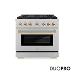 ZLINE Autograph Edition 36 in. 5.2 cu. ft. Paramount Gas Range with 6 Burner DuoPro™ Cooktop and Convection Gas Oven in Satin Stainless Steel and Polished Gold Accents (PSGRSZ-36-G) front, with DuoPro™ logo.