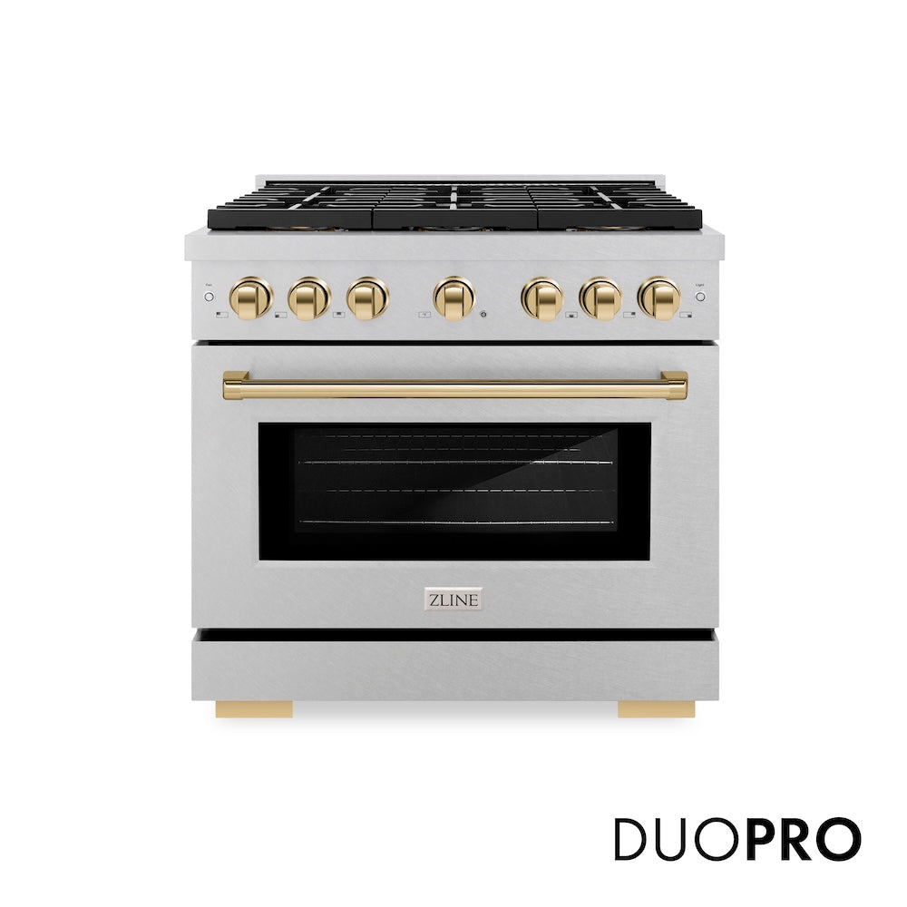 ZLINE Autograph Edition 36 in. 5.2 cu. ft. Paramount Gas Range with 6 Burner DuoPro™ Cooktop and Convection Gas Oven in Satin Stainless Steel and Polished Gold Accents (PSGRSZ-36-G) front, with DuoPro™ logo.