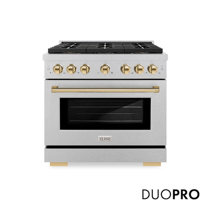 ZLINE Autograph Edition 36 in. 5.2 cu. ft. Paramount Gas Range with 6 Burner DuoPro™ Cooktop and Convection Gas Oven in Satin Stainless Steel and Polished Gold Accents (PSGRSZ-36-G) front, with DuoPro™ logo.