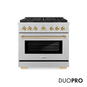 ZLINE Autograph Edition 36 in. 5.2 cu. ft. Paramount Gas Range with 6 Burner DuoPro™ Cooktop and Convection Gas Oven in Satin Stainless Steel and Polished Gold Accents, Open Box-Great Condition main image.