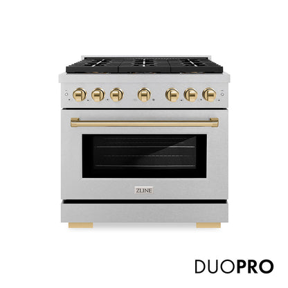ZLINE Autograph Edition 36 in. 5.2 cu. ft. Paramount Gas Range with 6 Burner DuoPro™ Cooktop and Convection Gas Oven in Satin Stainless Steel and Polished Gold Accents, Open Box-Great Condition