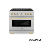 ZLINE Autograph Edition 36 in. 5.2 cu. ft. Paramount Gas Range with 6 Burner DuoPro™ Cooktop and Convection Gas Oven in Satin Stainless Steel and Polished Gold Accents, Open Box-Good Condition
