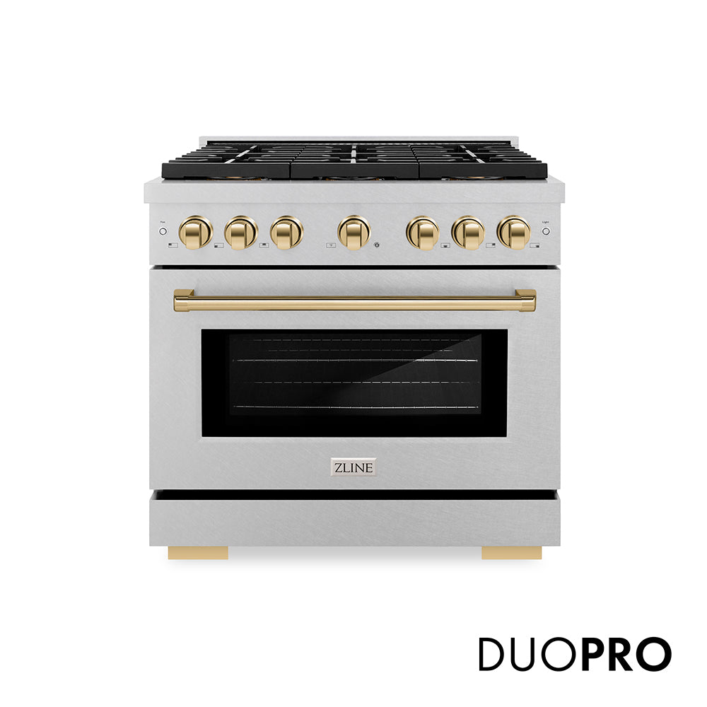 ZLINE Autograph Edition 36 in. 5.2 cu. ft. Paramount Gas Range with 6 Burner DuoPro™ Cooktop and Convection Gas Oven in Satin Stainless Steel and Polished Gold Accents, Open Box-Good Condition