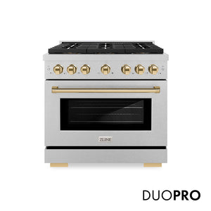 ZLINE Autograph Edition 36 in. 5.2 cu. ft. Paramount Gas Range with 6 Burner DuoPro™ Cooktop and Convection Gas Oven in Satin Stainless Steel and Polished Gold Accents, Open Box-Good Condition main image.