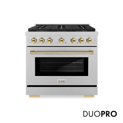 ZLINE Autograph Edition 36 in. 5.2 cu. ft. Paramount Gas Range with 6 Burner DuoPro™ Cooktop and Convection Gas Oven in Satin Stainless Steel and Polished Gold Accents, Open Box-Good Condition