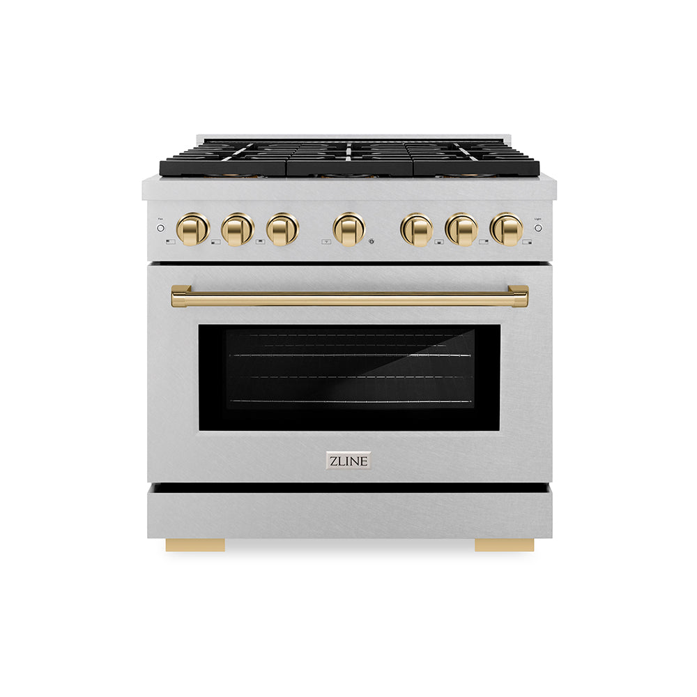 ZLINE Autograph Edition 36 in. 5.2 cu. ft. Paramount Gas Range with 6 Burner DuoPro™ Cooktop and Convection Gas Oven in Satin Stainless Steel and Polished Gold Accents, Open Box-Good Condition