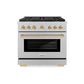 ZLINE Autograph Edition 36 in. 5.2 cu. ft. Paramount Gas Range with 6 Burner DuoPro™ Cooktop and Convection Gas Oven in Satin Stainless Steel and Polished Gold Accents (PSGRSZ-36-G) front.
