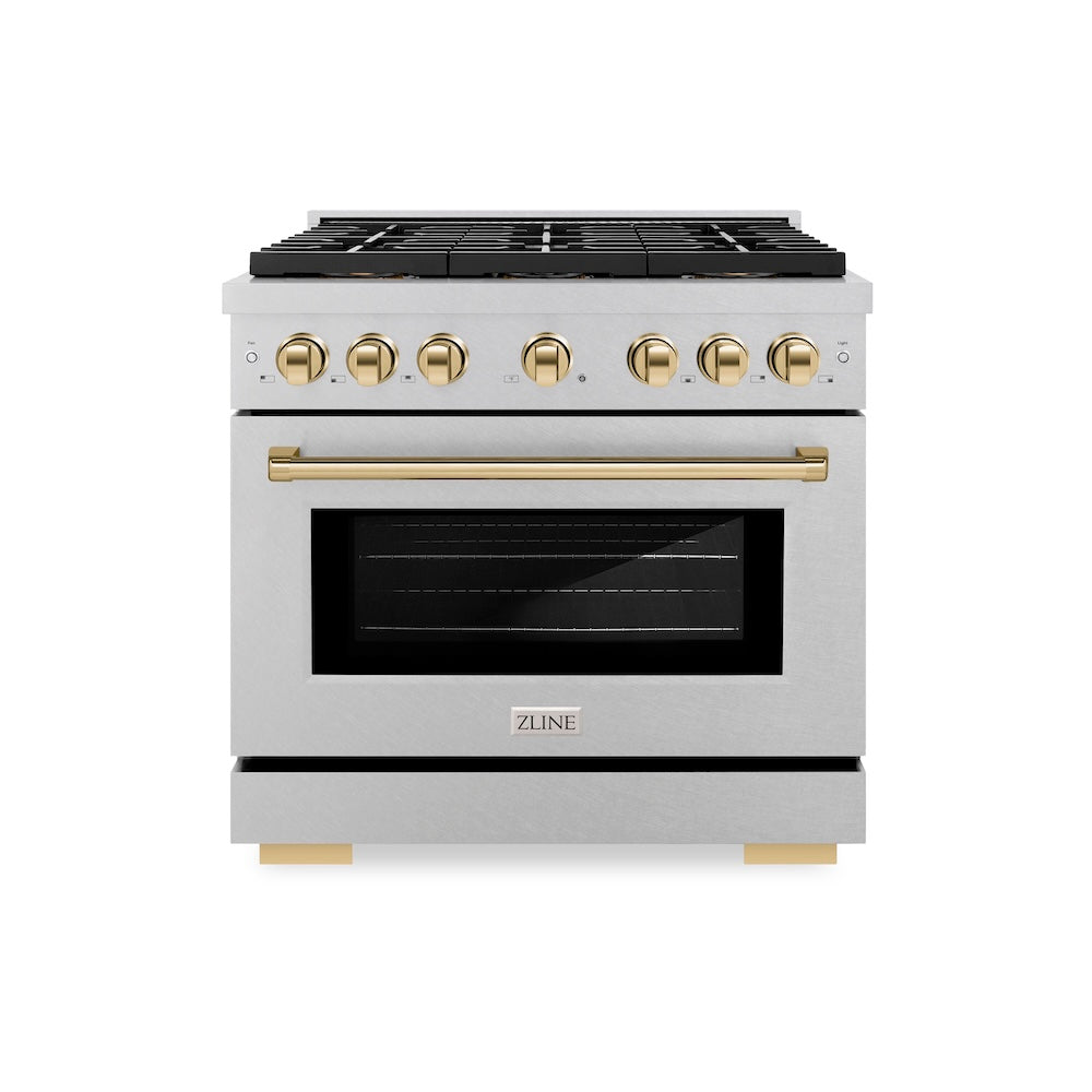ZLINE Autograph Edition 36 in. 5.2 cu. ft. Paramount Gas Range with 6 Burner DuoPro™ Cooktop and Convection Gas Oven in Satin Stainless Steel and Polished Gold Accents (PSGRSZ-36-G) front.