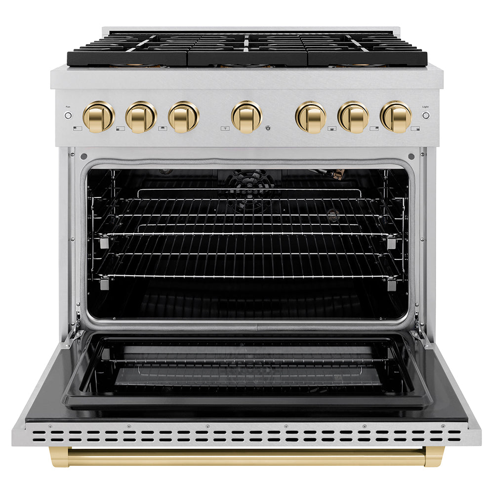 ZLINE Autograph Edition 36 in. 5.2 cu. ft. Paramount Gas Range with 6 Burner DuoPro™ Cooktop and Convection Gas Oven in Satin Stainless Steel and Polished Gold Accents, Open Box-Good Condition