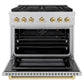 ZLINE Autograph Edition 36 in. 5.2 cu. ft. Paramount Gas Range with 6 Burner DuoPro™ Cooktop and Convection Gas Oven in Satin Stainless Steel and Polished Gold Accents (PSGRSZ-36-G) front, oven open.