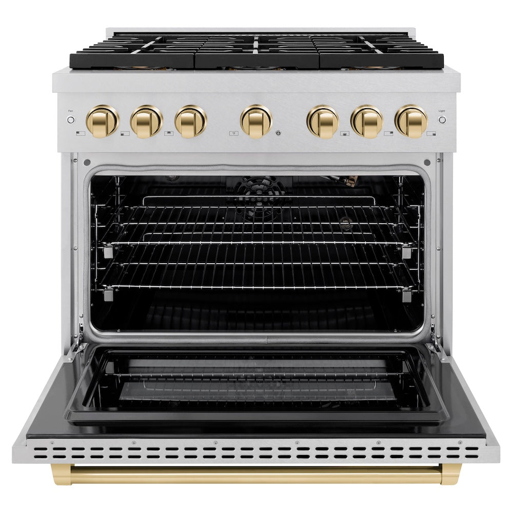 ZLINE Autograph Edition 36 in. 5.2 cu. ft. Paramount Gas Range with 6 Burner DuoPro™ Cooktop and Convection Gas Oven in Satin Stainless Steel and Polished Gold Accents (PSGRSZ-36-G) front, oven open.