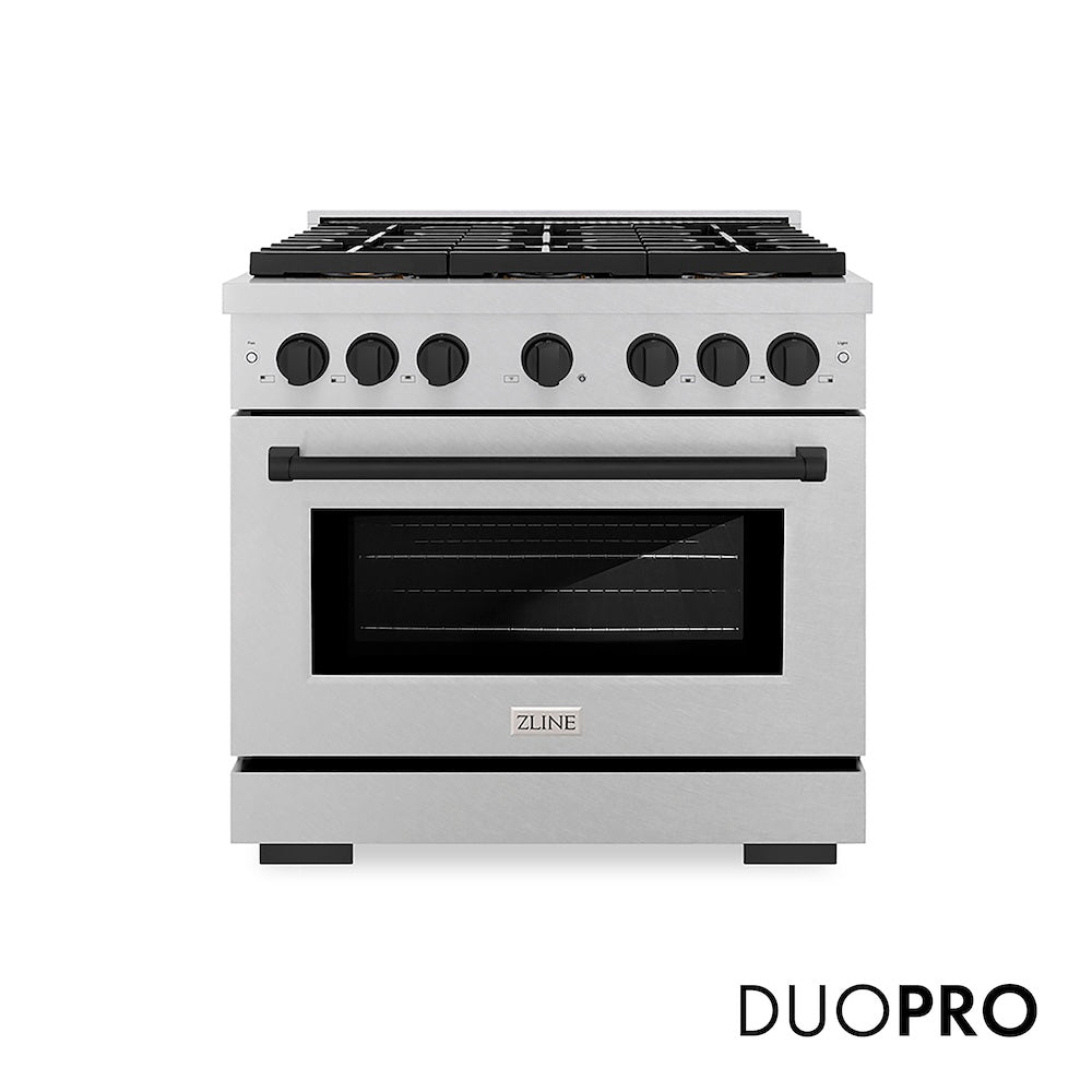 ZLINE Autograph Edition 36 in. 5.2 cu. ft. Paramount Gas Range with 6 Burner DuoPro™ Cooktop and Convection Gas Oven in Satin Stainless Steel and Matte Black Accents (PSGRSZ-36-MB) front, with DuoPro™ logo.
