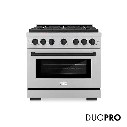 ZLINE Autograph Edition 36 in. 5.2 cu. ft. Paramount Gas Range with 6 Burner DuoPro™ Cooktop and Convection Gas Oven in Satin Stainless Steel and Matte Black Accents, Open Box-Great Condition