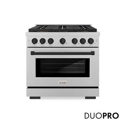 ZLINE Autograph Edition 36 in. 5.2 cu. ft. Paramount Gas Range with 6 Burner DuoPro™ Cooktop and Convection Gas Oven in Satin Stainless Steel and Matte Black Accents, Open Box-Good Condition