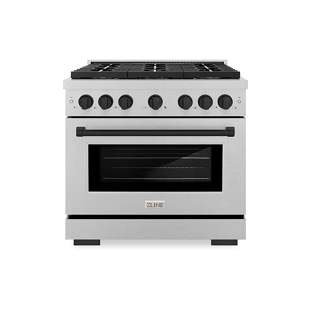 ZLINE Autograph Edition 36 in. 5.2 cu. ft. Paramount Gas Range with 6 Burner DuoPro™ Cooktop and Convection Gas Oven in Satin Stainless Steel and Matte Black Accents, Open Box-Good Condition