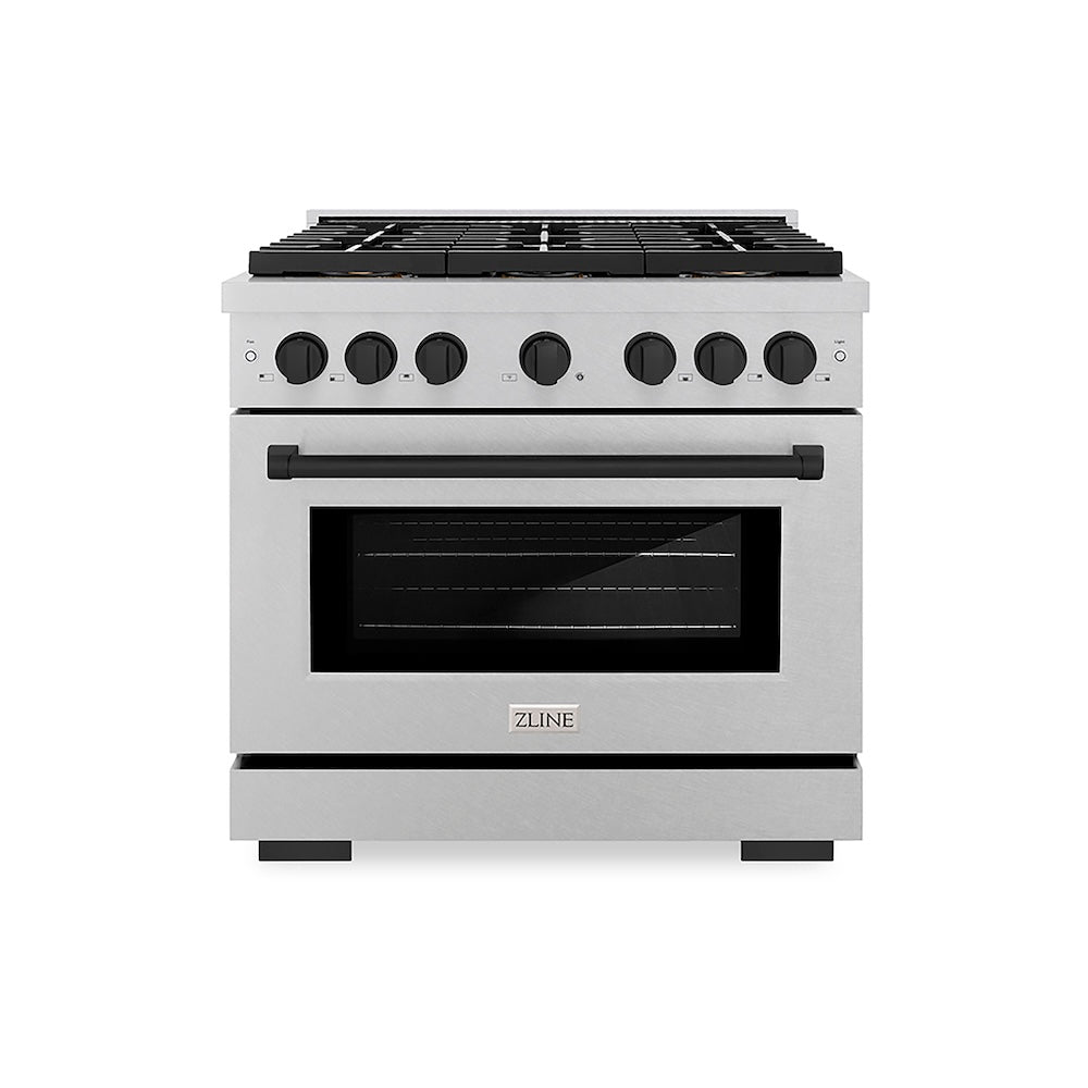 ZLINE Autograph Edition 36 in. 5.2 cu. ft. Paramount Gas Range with 6 Burner DuoPro™ Cooktop and Convection Gas Oven in Satin Stainless Steel and Matte Black Accents (PSGRSZ-36-MB) front.