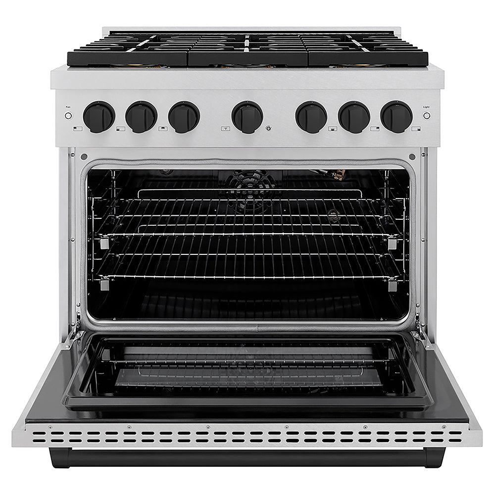 ZLINE Autograph Edition 36 in. 5.2 cu. ft. Paramount Gas Range with 6 Burner DuoPro™ Cooktop and Convection Gas Oven in Satin Stainless Steel and Matte Black Accents, Open Box-Good Condition