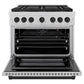 ZLINE Autograph Edition 36 in. 5.2 cu. ft. Paramount Gas Range with 6 Burner DuoPro™ Cooktop and Convection Gas Oven in Satin Stainless Steel and Matte Black Accents (PSGRSZ-36-MB) front, oven open.