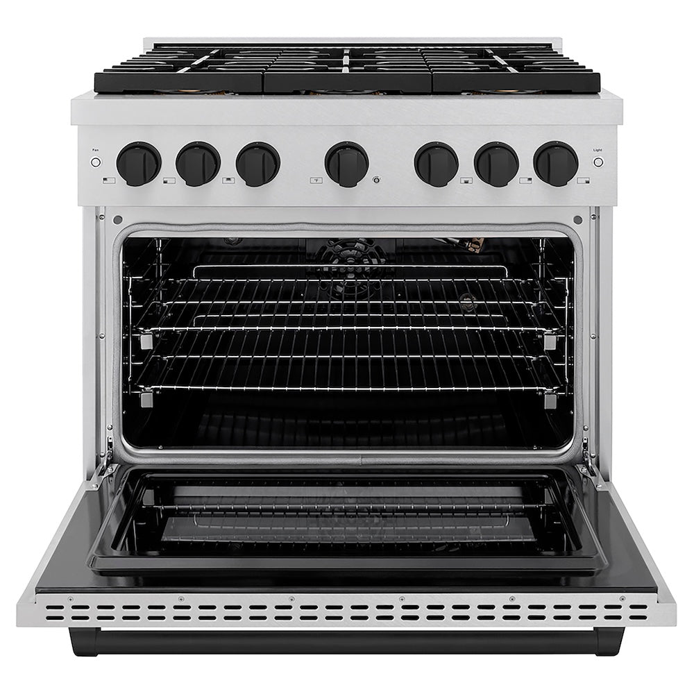 ZLINE Autograph Edition 36 in. 5.2 cu. ft. Paramount Gas Range with 6 Burner DuoPro™ Cooktop and Convection Gas Oven in Satin Stainless Steel and Matte Black Accents (PSGRSZ-36-MB) front, oven open.