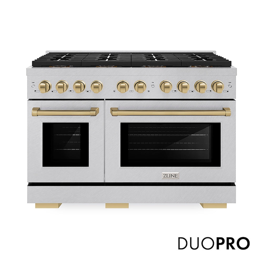 ZLINE Autograph Edition 48 in. 6.7 cu. ft. Paramount Gas Range with 8 Burner DuoPro™ Cooktop and Dual Ovens in Satin Stainless Steel and Champagne Bronze Accents (PSGRSZ-48-CB) front, with DuoPro™ logo.