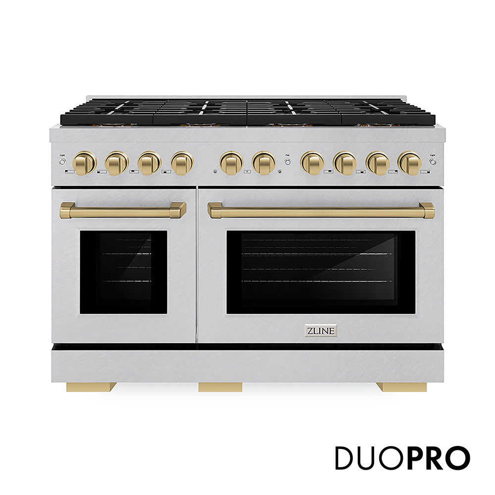 ZLINE Autograph Edition 48 in. 6.7 cu. ft. Paramount Gas Range with 8 Burner DuoPro™ Cooktop and Dual Ovens in Satin Stainless Steel and Champagne Bronze Accents, Open Box-Good Condition