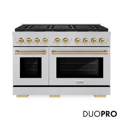 ZLINE Autograph Edition 48 in. 6.7 cu. ft. Paramount Gas Range with 8 Burner DuoPro™ Cooktop and Dual Ovens in Satin Stainless Steel and Champagne Bronze Accents, Open Box-Good Condition
