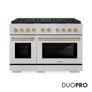 ZLINE Autograph Edition 48 in. 6.7 cu. ft. Paramount Gas Range with 8 Burner DuoPro™ Cooktop and Dual Ovens in Satin Stainless Steel and Champagne Bronze Accents, Open Box-Great Condition main image.