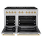 ZLINE Autograph Edition 48 in. 6.7 cu. ft. Paramount Gas Range with 8 Burner DuoPro™ Cooktop and Dual Ovens in Satin Stainless Steel and Champagne Bronze Accents (PSGRSZ-48-CB) front, oven open.
