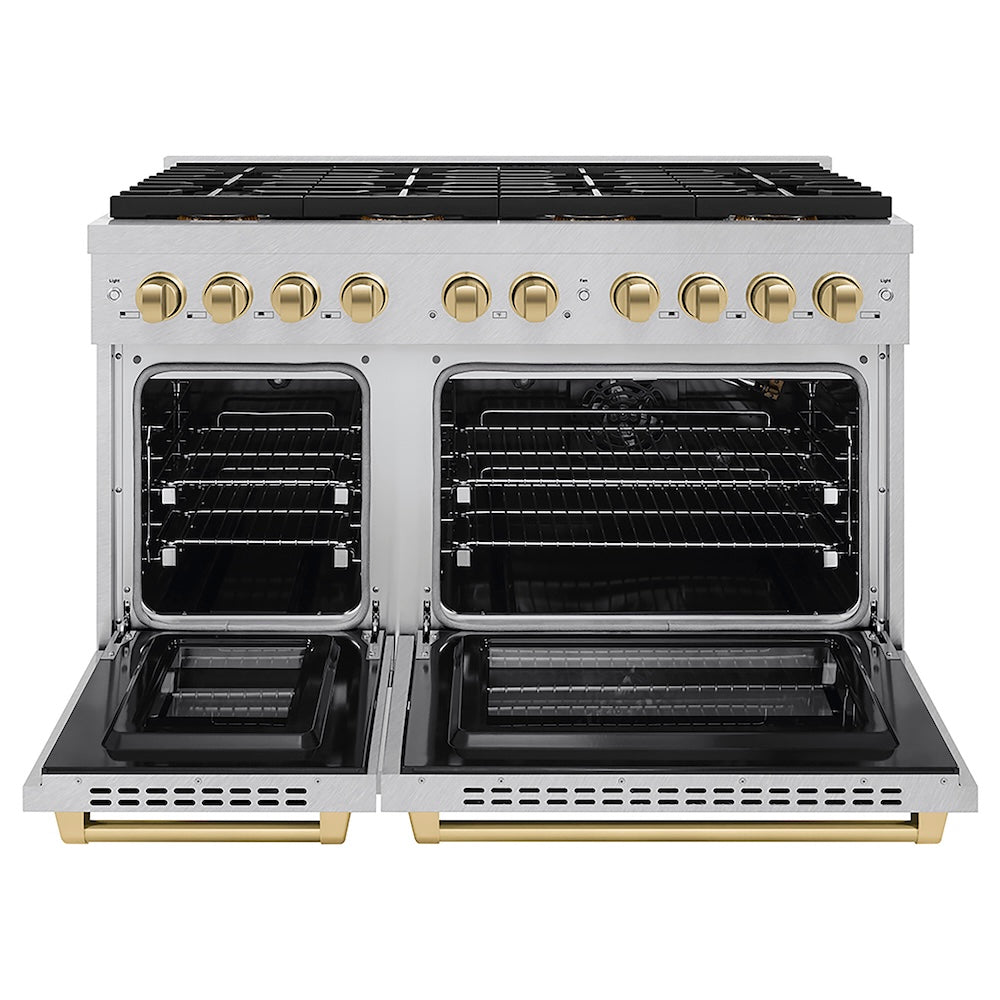 ZLINE Autograph Edition 48 in. 6.7 cu. ft. Paramount Gas Range with 8 Burner DuoPro™ Cooktop and Dual Ovens in Satin Stainless Steel and Champagne Bronze Accents (PSGRSZ-48-CB) front, oven open.