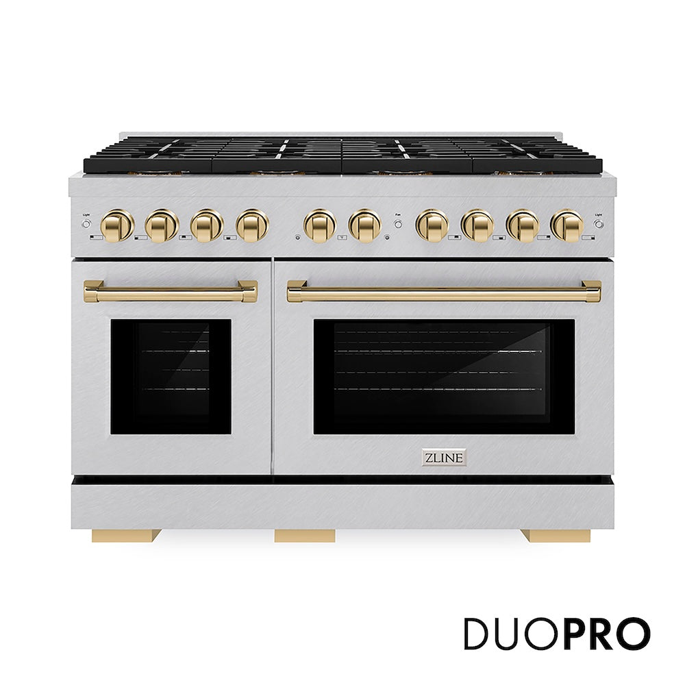 ZLINE Autograph Edition 48 in. 6.7 cu. ft. Paramount Gas Range with 8 Burner DuoPro™ Cooktop and Dual Ovens in Satin Stainless Steel and Polished Gold Accents (PSGRSZ-48-G) front, with DuoPro™ logo.