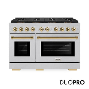 ZLINE Autograph Edition 48 in. 6.7 cu. ft. Paramount Gas Range with 8 Burner DuoPro™ Cooktop and Dual Ovens in Satin Stainless Steel and Polished Gold Accents, Open Box-Great Condition main image.