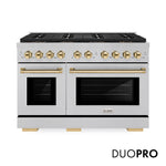 ZLINE Autograph Edition 48 in. 6.7 cu. ft. Paramount Gas Range with 8 Burner DuoPro™ Cooktop and Dual Ovens in Satin Stainless Steel and Polished Gold Accents, Open Box-Good Condition