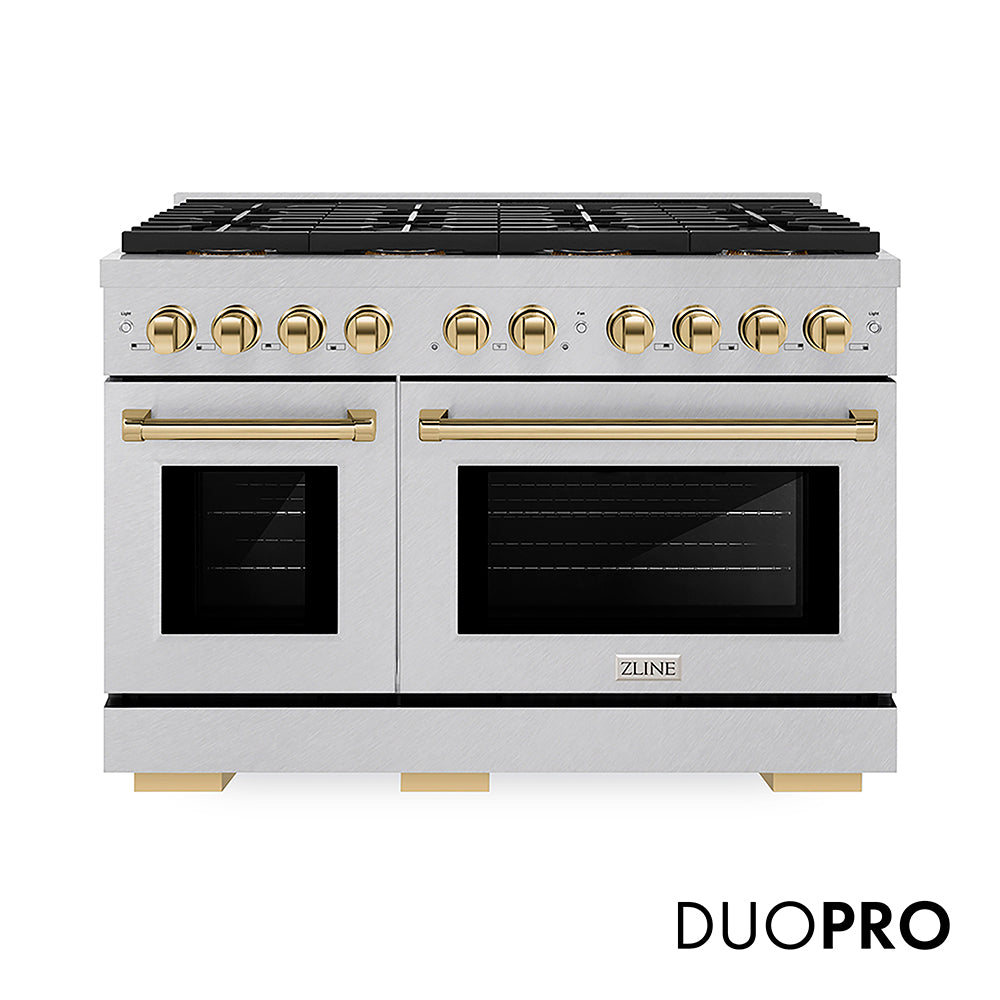 ZLINE Autograph Edition 48 in. 6.7 cu. ft. Paramount Gas Range with 8 Burner DuoPro™ Cooktop and Dual Ovens in Satin Stainless Steel and Polished Gold Accents, Open Box-Good Condition