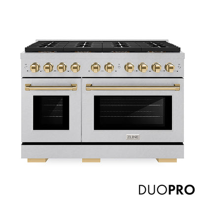 ZLINE Autograph Edition 48 in. 6.7 cu. ft. Paramount Gas Range with 8 Burner DuoPro™ Cooktop and Dual Ovens in Satin Stainless Steel and Polished Gold Accents, Open Box-Good Condition