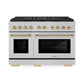 ZLINE Autograph Edition 48 in. 6.7 cu. ft. Paramount Gas Range with 8 Burner DuoPro™ Cooktop and Dual Ovens in Satin Stainless Steel and Polished Gold Accents (PSGRSZ-48-G) front.