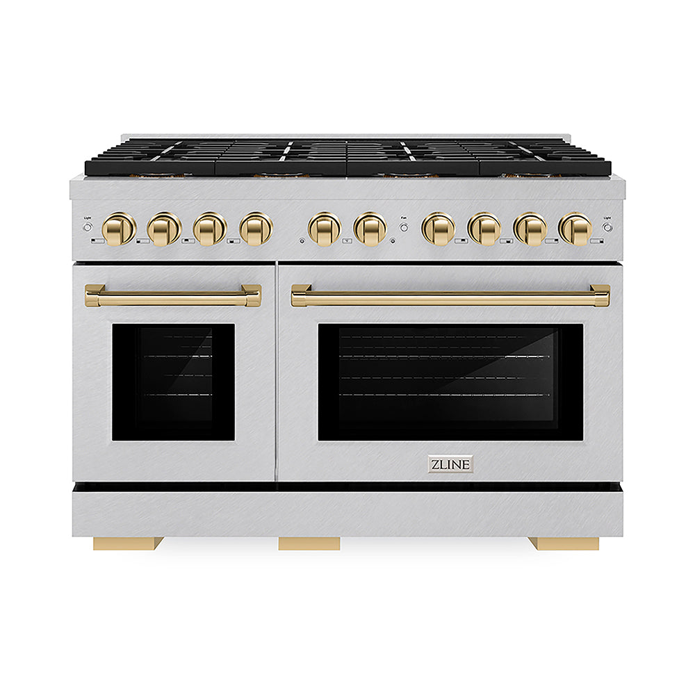 ZLINE Autograph Edition 48 in. 6.7 cu. ft. Paramount Gas Range with 8 Burner DuoPro™ Cooktop and Dual Ovens in Satin Stainless Steel and Polished Gold Accents, Open Box-Good Condition