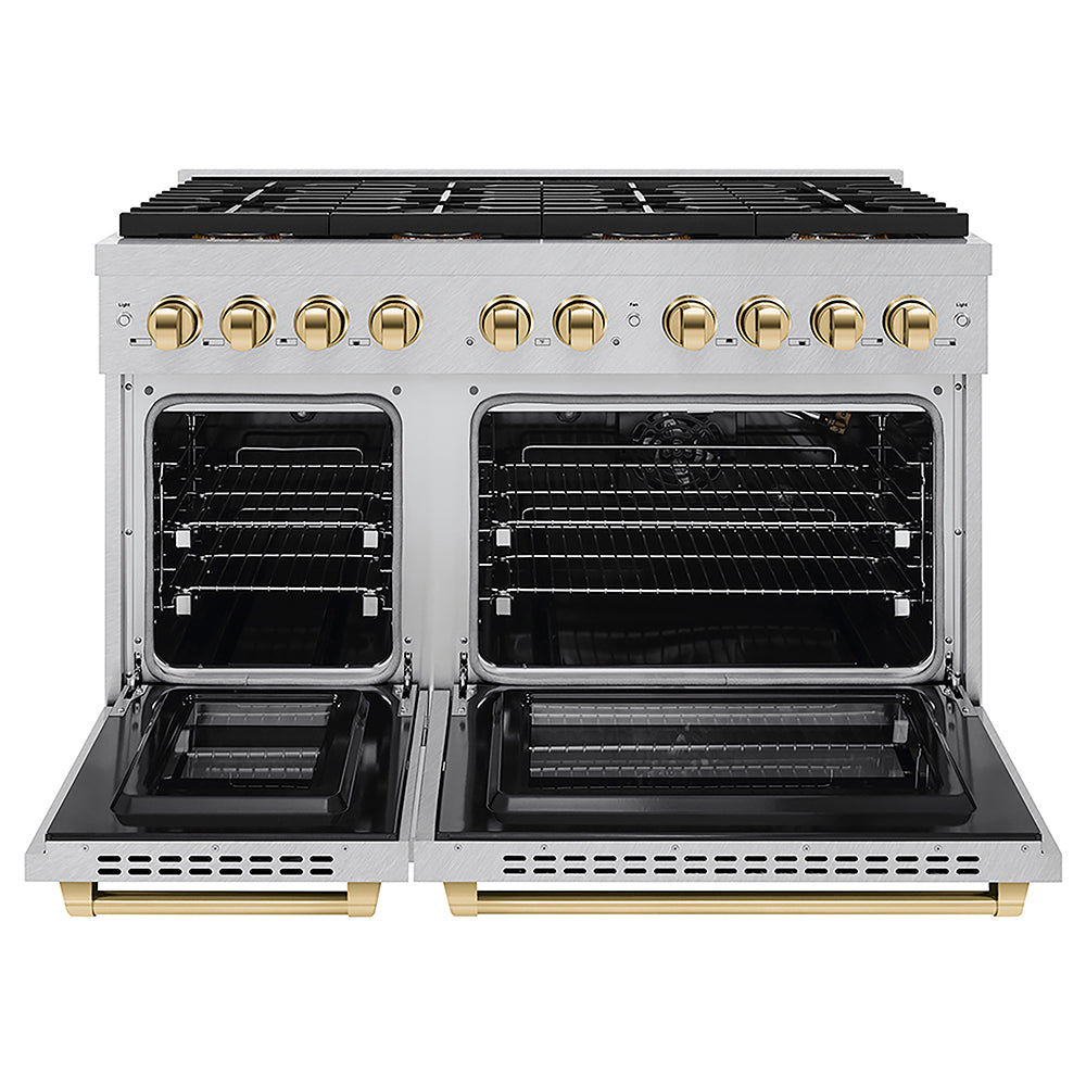 ZLINE Autograph Edition 48 in. 6.7 cu. ft. Paramount Gas Range with 8 Burner DuoPro™ Cooktop and Dual Ovens in Satin Stainless Steel and Polished Gold Accents, Open Box-Good Condition