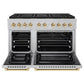 ZLINE Autograph Edition 48 in. 6.7 cu. ft. Paramount Gas Range with 8 Burner DuoPro™ Cooktop and Dual Ovens in Satin Stainless Steel and Polished Gold Accents (PSGRSZ-48-G) front, oven open.