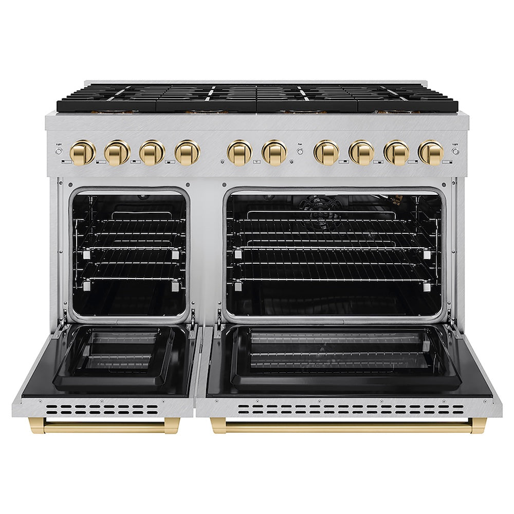 ZLINE Autograph Edition 48 in. 6.7 cu. ft. Paramount Gas Range with 8 Burner DuoPro™ Cooktop and Dual Ovens in Satin Stainless Steel and Polished Gold Accents (PSGRSZ-48-G) front, oven open.