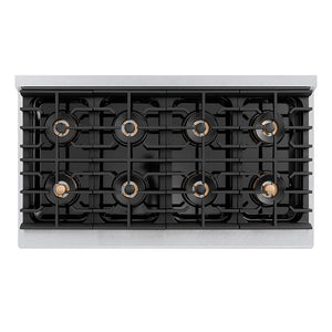 ZLINE Autograph Edition 48 in. 6.7 cu. ft. Paramount Gas Range with 8 Burner DuoPro™ Cooktop and Dual Ovens in Satin Stainless Steel and Polished Gold Accents (PSGRSZ-48-G) top-down, above cooktop.