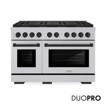 ZLINE Autograph Edition 48 in. 6.7 cu. ft. Paramount Gas Range with 8 Burner DuoPro™ Cooktop and Dual Ovens in Satin Stainless Steel and Matte Black Accents, Open Box-Good Condition