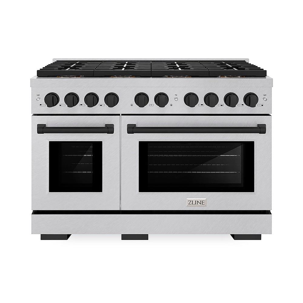 ZLINE Autograph Edition 48 in. 6.7 cu. ft. Paramount Gas Range with 8 Burner DuoPro™ Cooktop and Dual Ovens in Satin Stainless Steel and Matte Black Accents (PSGRSZ-48-MB) front.