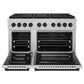 ZLINE Autograph Edition 48 in. 6.7 cu. ft. Paramount Gas Range with 8 Burner DuoPro™ Cooktop and Dual Ovens in Satin Stainless Steel and Matte Black Accents (PSGRSZ-48-MB) front, oven open.