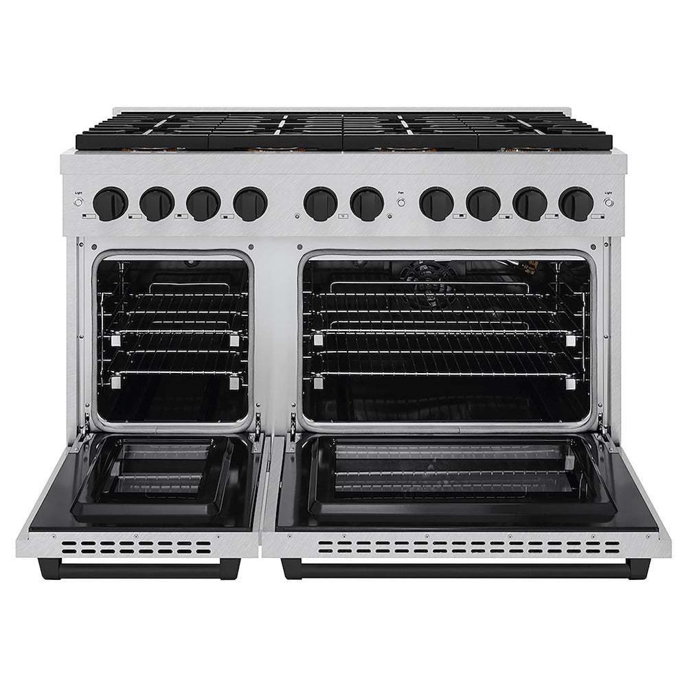 ZLINE Autograph Edition 48 in. 6.7 cu. ft. Paramount Gas Range with 8 Burner DuoPro™ Cooktop and Dual Ovens in Satin Stainless Steel and Matte Black Accents (PSGRSZ-48-MB) front, oven open.